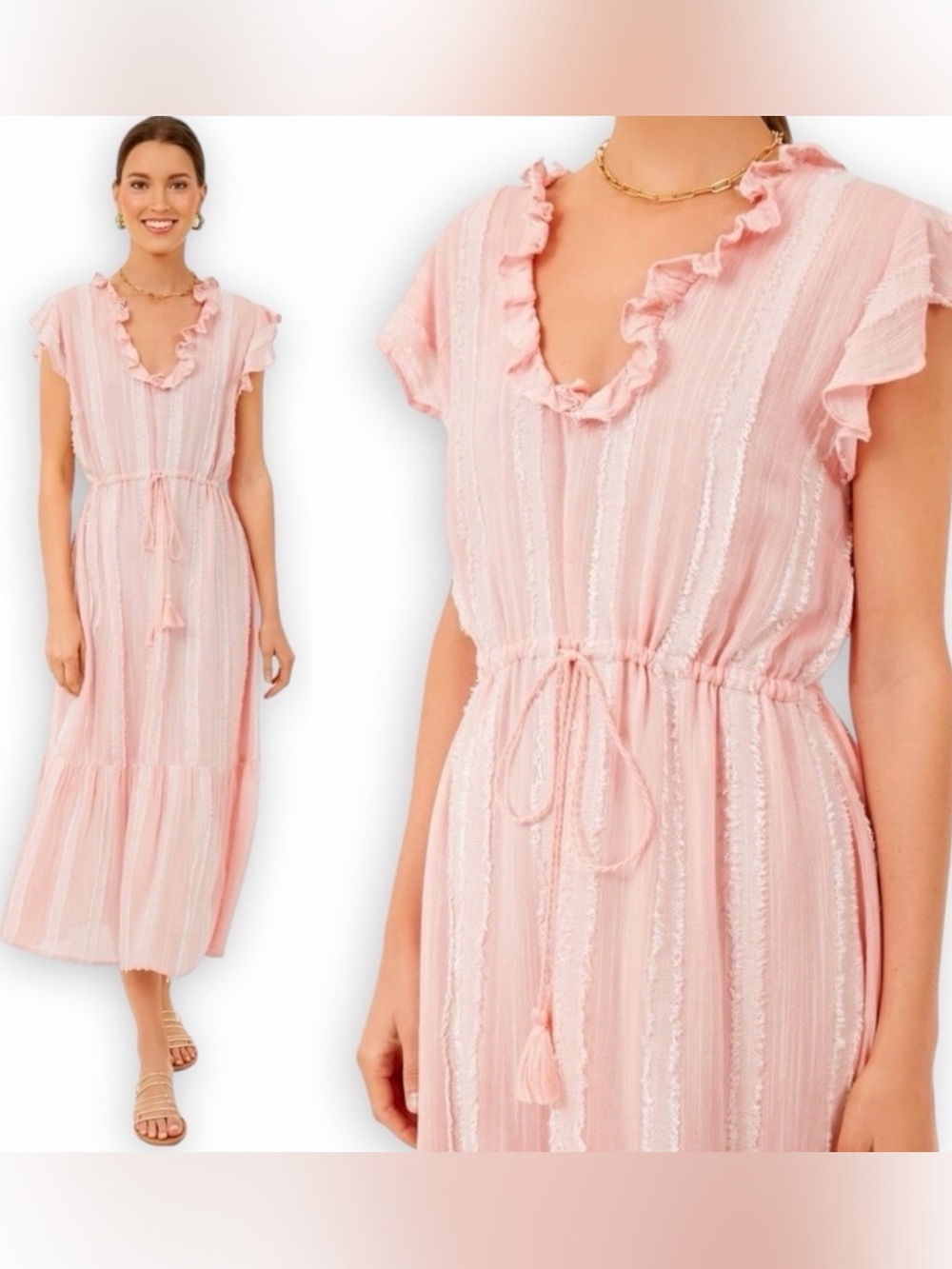 Tuckernuck Peachy Pampelonne Maxi Dress Ruffle Tassel Pink Size M - Picture 2 of 12